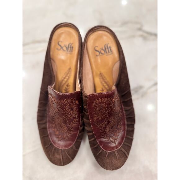Sofft Comfort Shoes Sz 6.5 Brown Suede Burgundy Paisley Camille Leather Mules - Picture 8 of 9